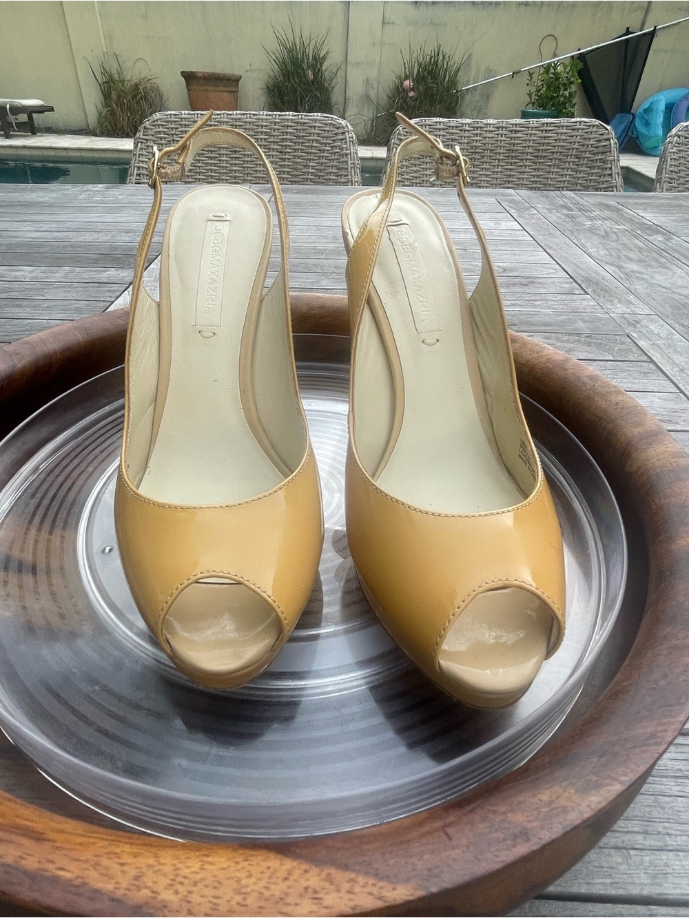 BCBGMaxAzria Patent Peep-Toe Slingback Heels in Mustard Yellow